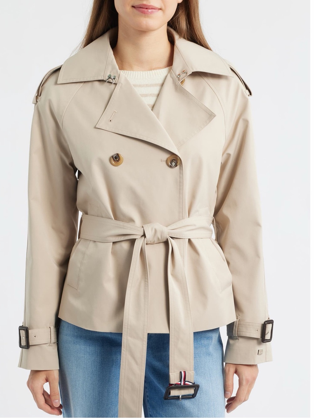 NWT Tommy Hilfiger Stone Double-Breasted Crop Trench Jacket Women Size XL